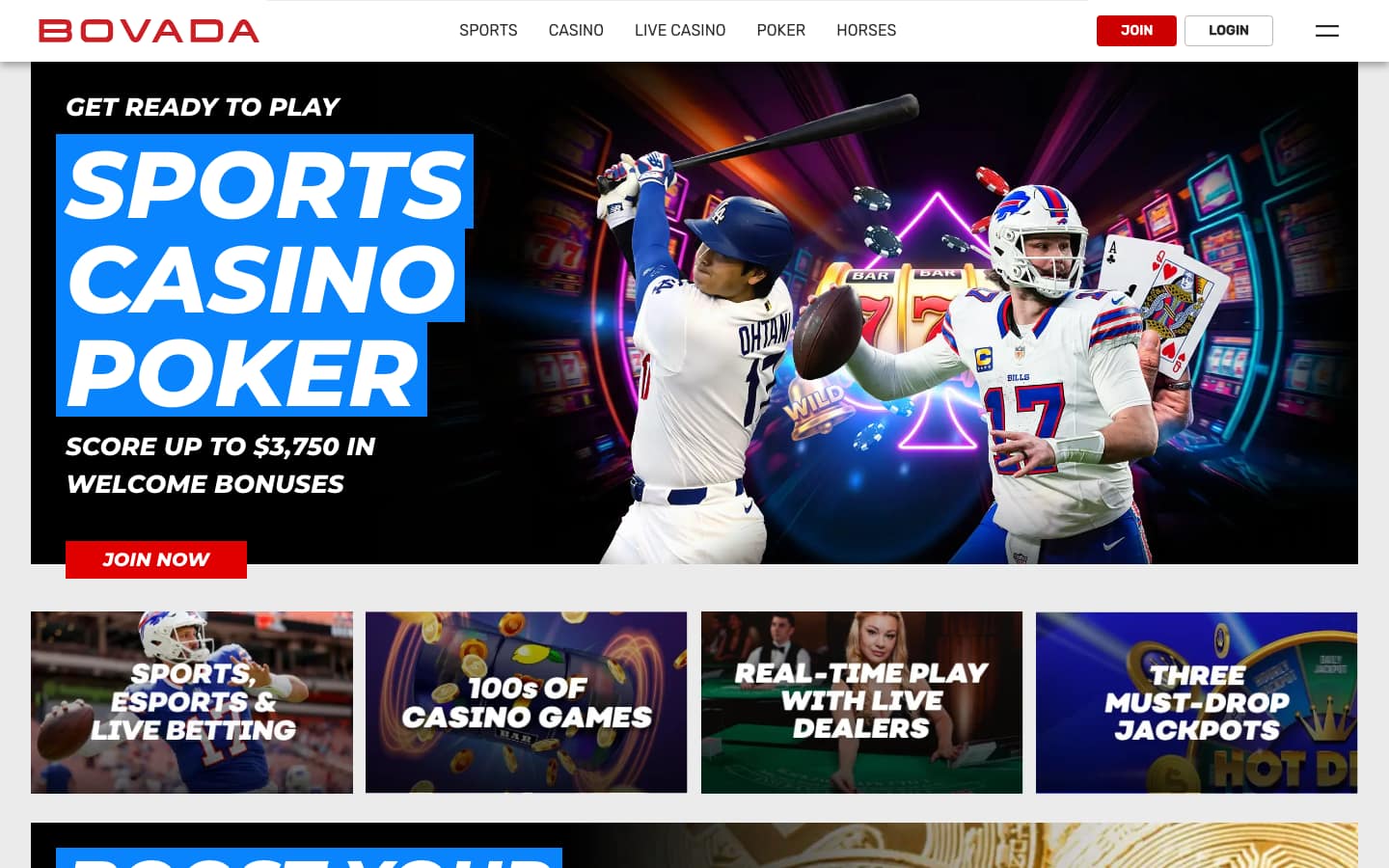 Bovada.lv homepage on a desktop browser: red Bovada logo, Sports, Casino, Live Casino, Poker and Horses tabs, and a banner reading Sports, Casino, Poker, score up to $3,750 in welcome bonuses
