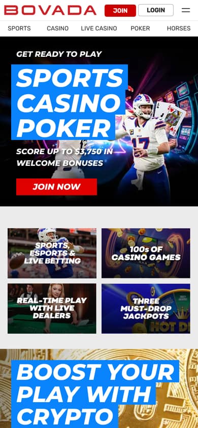 Bovada.lv homepage on a phone, showing the same Sports, Casino, Poker welcome banner and section tiles