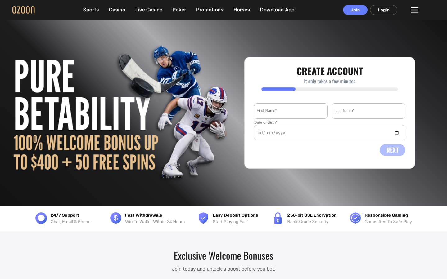 Ozoon.eu homepage on a desktop browser: gold Ozoon logo, Sports, Casino, Live Casino, Poker and Promotions tabs, hockey and football players beside the headline Pure Betability, 100% welcome bonus up to $400 plus 50 free spins, and a create account form